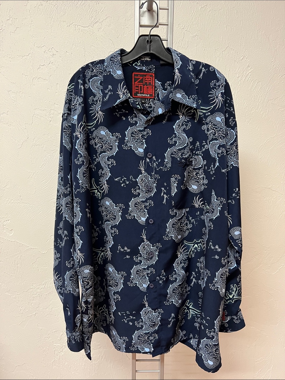 VTG Southpole Mens Blue Dragon Print Button-Down Casual Shirt Streetwear Size XL